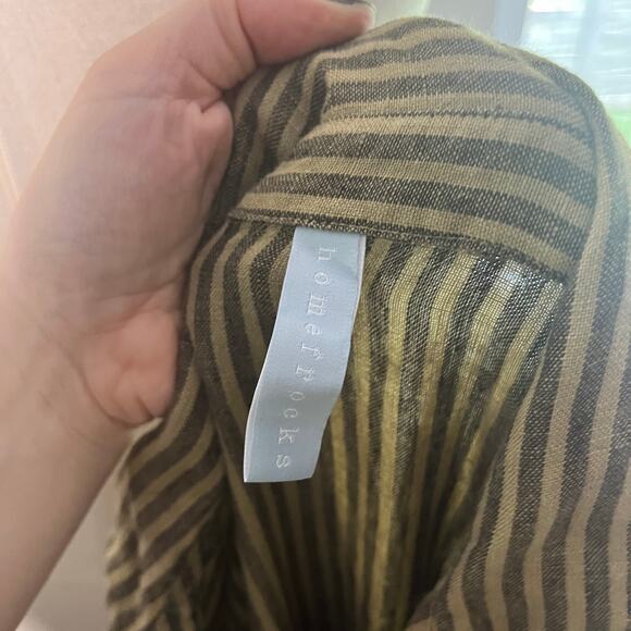 Homefrocks Womens Dress Sz L Olive Brown Stripe Luxe Artisan Linen Made in USA - Picture 9 of 12